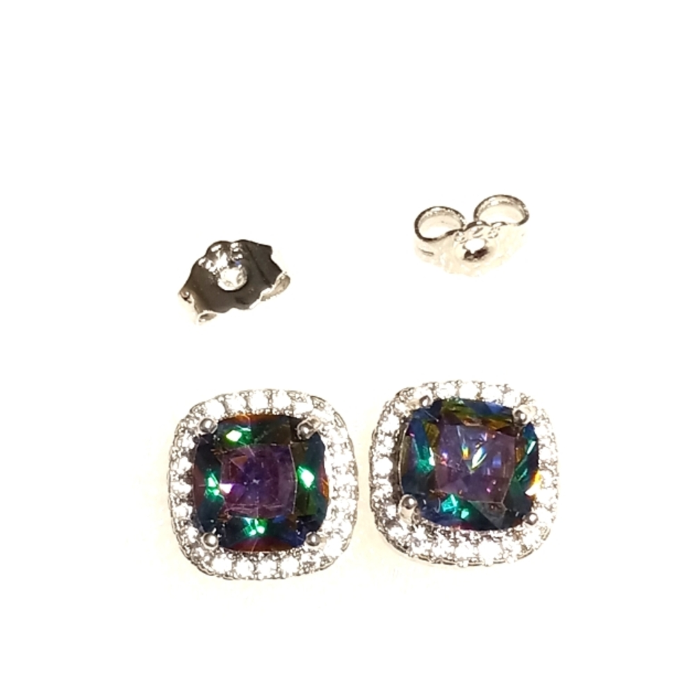 🌻🤩N 925 Square Halo Mystic Topaz Stud Earrings🤩🌻 - Picture 6 of 6